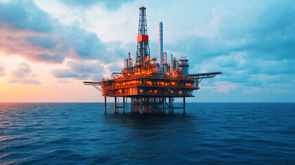 A vibrant oil rig standing in the ocean during sunset, showcasing the technology and engineering of offshore drilling operations.