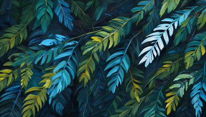 Collection of tropical leaves,foliage plant in blue color with space background, Painting-Art, Provocative-Art, Watercolor-Art