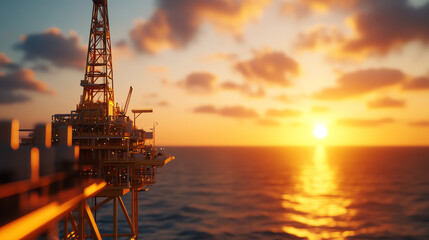 Obraz premium A vibrant sunset over an oil rig in the ocean, casting beautiful reflections on the water surface. A stunning view of industrial energy production.