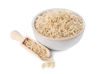 Raw rice in bowl and scoop isolated on white