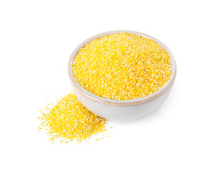 Raw cornmeal in bowl isolated on white