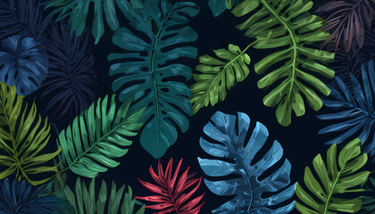Fototapeta premium Collection of tropical leaves,foliage plant in blue color with space background, Painting-Art, Provocative-Art, Watercolor-Art