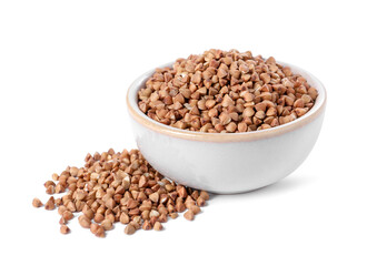 Raw buckwheat in bowl isolated on white