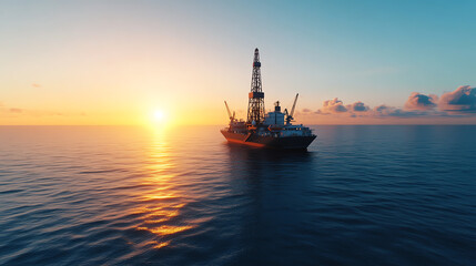 Fototapeta premium An offshore drilling rig stands majestically in the ocean at sunset, reflecting its towering presence against a vibrant sky.