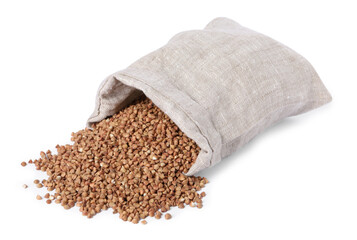 Raw buckwheat in burlap isolated on white