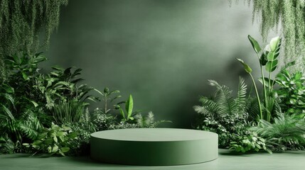 A minimalistic podium encircled by lush green plants, perfect for displaying products in a calm, nature-inspired atmosphere.