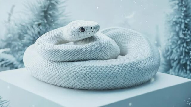 White snake curled on top of white box. Elegance and tranquility in minimalist holiday scene.