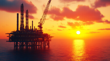 Obraz premium An offshore oil rig silhouetted against a vibrant sunset, highlighting the beauty of nature intertwined with industrial progress in the sea.