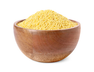 Millet groats in wooden bowl isolated on white