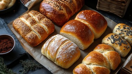Assortment of freshly baked bread rolls on parchment paper, featuring various textures and toppings, perfect for a bakery or culinary theme.