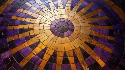 Naklejka premium Circular floor mosaic of purple gold and black triangles forming a sunburst pattern