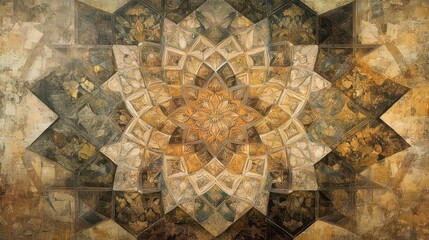 Obraz premium A mural with concentric hexagons and stars in earth tones and intricate lines