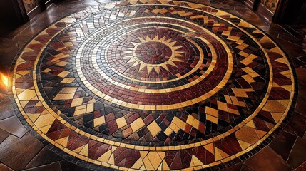 Naklejka premium Circular floor mosaic of red gold and black tiles forming a geometric pattern