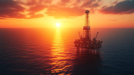 Obraz premium An offshore oil rig silhouetted against a vibrant sunset, showcasing the beauty of industrial operations at sea.