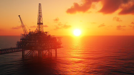 Obraz premium An offshore oil rig silhouetted against a vibrant sunset over the ocean. The sky reflects stunning hues of orange and purple.