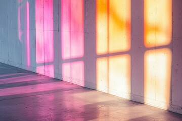 Pink and Yellow Window Light Casts Shadows on a Concrete Wall