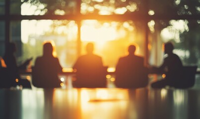 Leadership, silhouette and businesspeople in blurred conference room for discussion, growth or development
