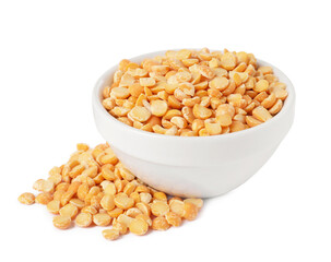 Dried peas in bowl isolated on white