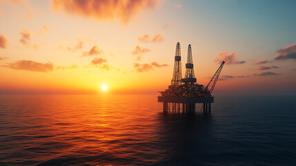 Obraz premium An offshore oil rig under a stunning sunset, showcasing the energy industry's impact on the environment and technology at sea.