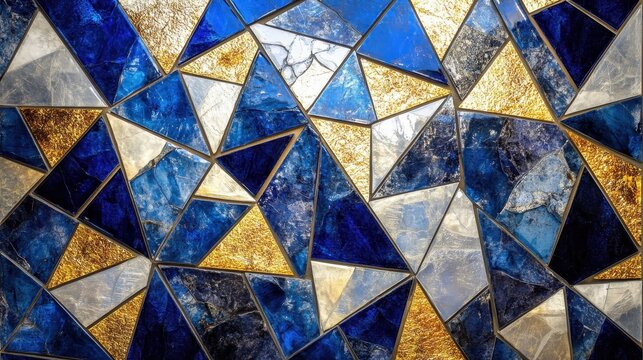 Wall mosaic with triangles and parallelograms in vibrant blue gold and silver