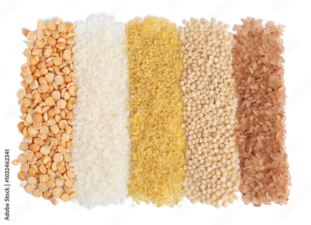 Sticker Different cereal grains isolated on white, top view