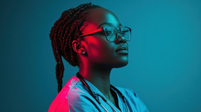 A serene healthcare professional in profile, illuminated by neon lights, showcasing tranquility and dedication in a vibrant setting.