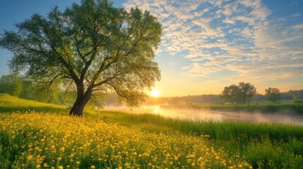 Obraz premium A serene landscape featuring a tree by a river at sunrise, surrounded by wildflowers.