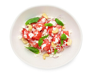 Tasty salad with watermelon, feta cheese and basil isolated on white, top view