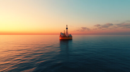 Obraz premium An oil rig stands alone in the calm ocean during a vibrant sunset, showcasing the beauty and serenity of maritime industrial activities.