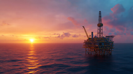 An oil rig stands in the ocean against a vibrant sunset, showcasing the intersection of nature and industrial innovation.