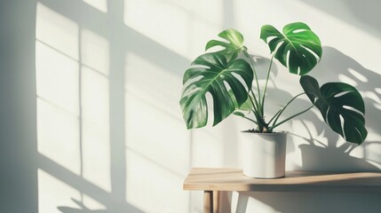A monstera houseplant placed on a shelf in a stylish, minimalist apartment 