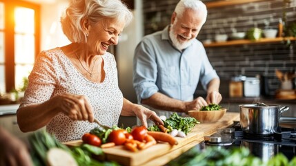 Smiling senior couple prepares a colorful plant based meal together in a spacious kitchen filled with sunshine and fresh ingredients