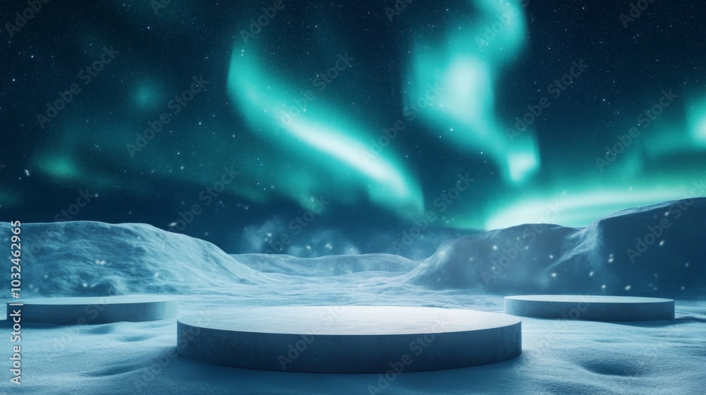 Poster a breathtaking display of northern lights illuminates a tranquil snowy landscape at night. circular 