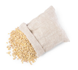 Pearl barley groats in sack isolated on white, top view