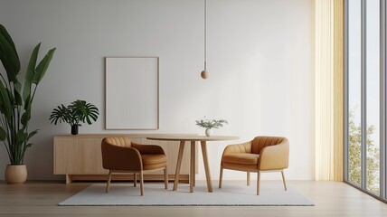 Fototapeta premium Mid-Century Modern Dining Nook with Leather Chairs and Wooden Accents, Featuring a Mockup Frame for Artwork Display
