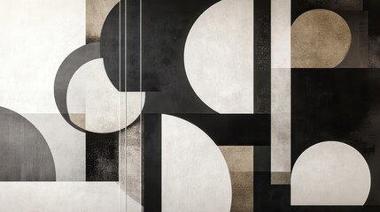 Geometric mural with overlapping circles and squares in monochromatic tones