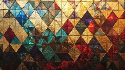 Fototapeta premium Geometric mosaic with detailed triangles diamonds and hexagons in gold and turquoise