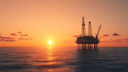 Oil rig silhouetted against a vibrant sunset, floating on calm waters, showcasing engineering marvel and energy production in a serene landscape.
