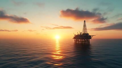 Fototapeta premium Oil rig silhouetted against a vibrant sunset over the ocean, showcasing a tranquil yet industrious scene, representing energy and resource extraction.