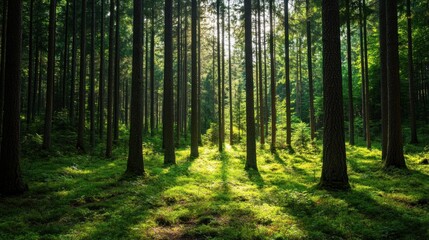 A serene forest with tall trees, sunlight filtering through the canopy, casting shadows on the lush green forest floor, evoking peace and tranquility.