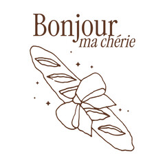 Parisian elegant doodle illustration with baguette. Hand-drawn line art graphic for t-shirt print, stationery, wall art. Dolce Vita aesthetic.	