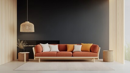 Modern Rustic Living Room with Red-Cushioned Wooden Sofa and Black Fireplace