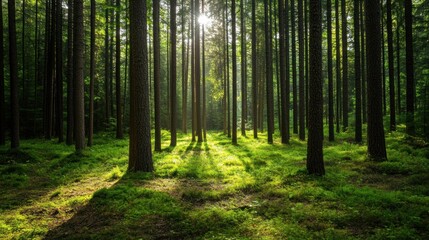 Fototapeta premium Sunlight streaming through a dense forest, casting shadows and creating a serene, green atmosphere with tall trees showcasing nature's tranquility and beauty.