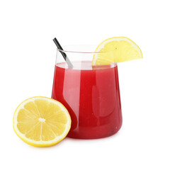 Tasty watermelon drink in glass and lemon isolated on white