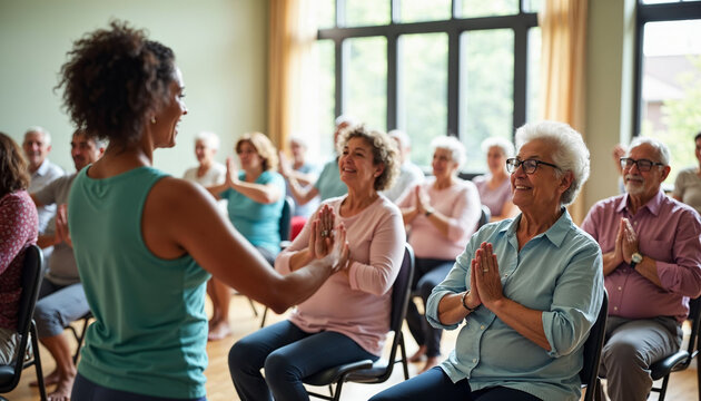A senior yoga class takes place indoors as the instructor guides an attentive group in poses, fostering connection and wellness in a serene atmosphere
