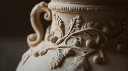 Roman jar with intricate carvings of laurel leaves and grapes on light clay