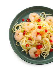 Delicious pasta with shrimps, green onion and chili pepper isolated on white, top view
