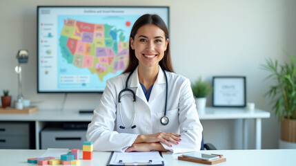 Young woman doctor smiling in a medical office setting with a map of the United States on the wall and educational toys on the desk. female pediatrician in pediatric office with educational map