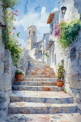 Obraz premium A picturesque alley with stone steps leading to a charming building, adorned with colorful flowers and a clock tower in a serene, sunny setting.