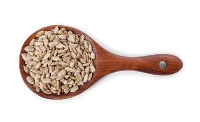 Peeled sunflower seeds in wooden spoon isolated on white, top view